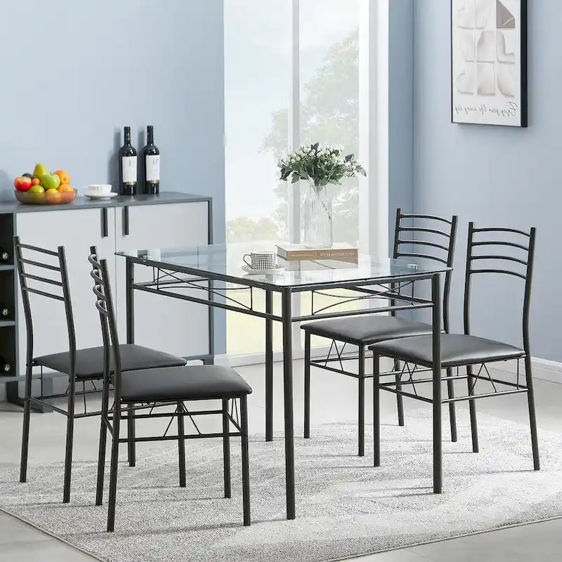 5-pieces Modern Dining Sets,Tempered Glass Table Top and 4 PU Chairs