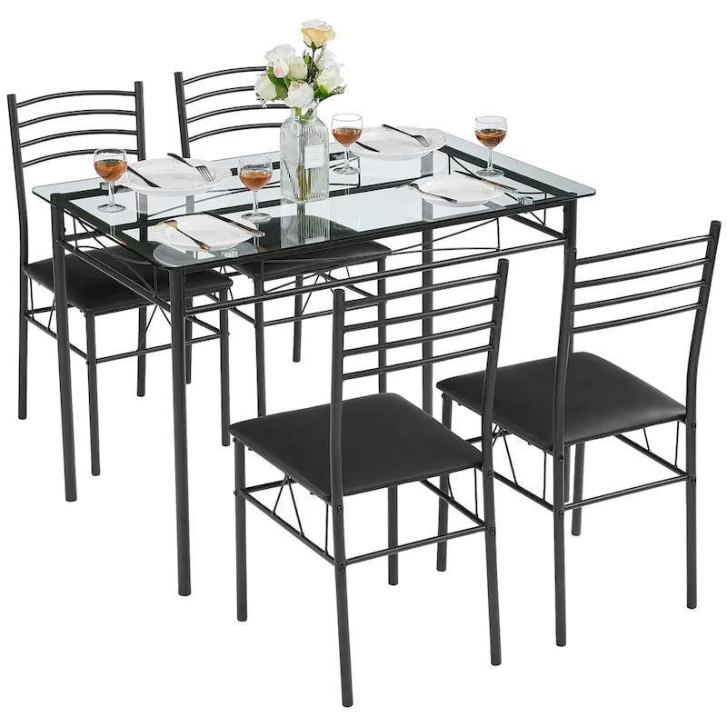 5-pieces Modern Dining Sets,Tempered Glass Table Top and 4 PU Chairs
