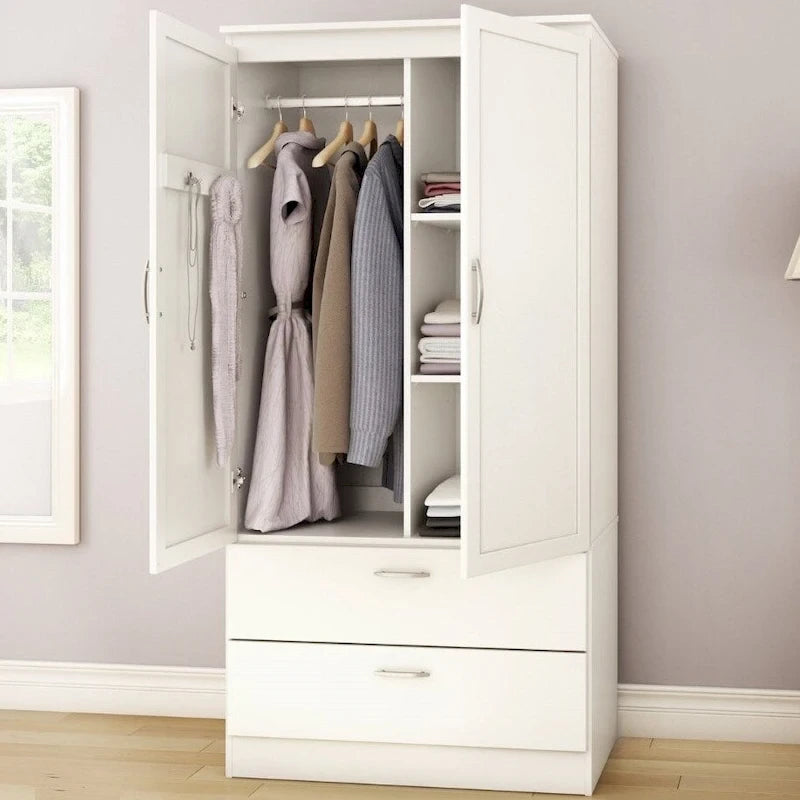 White Armoire Bedroom Clothes Storage Wardrobe Cabinet with 2 Drawers - 71.25 H x 35.5 W x 19.5 D