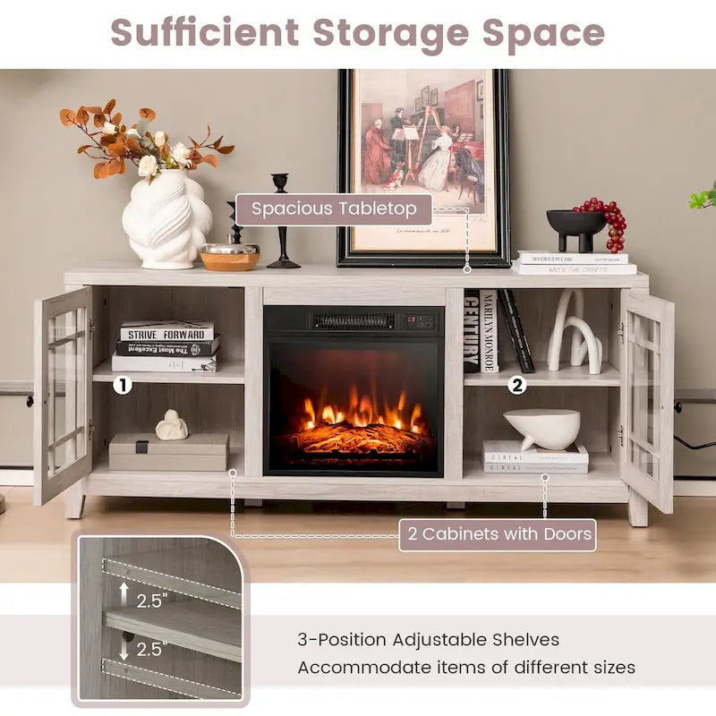 58 Inch Fireplace TV Stand with 3-Position Adjustable Shelves and 2 Cabinets with Doors