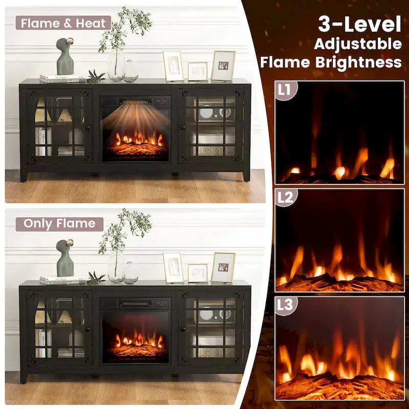 58 Inch Fireplace TV Stand with 3-Position Adjustable Shelves and 2 Cabinets with Doors
