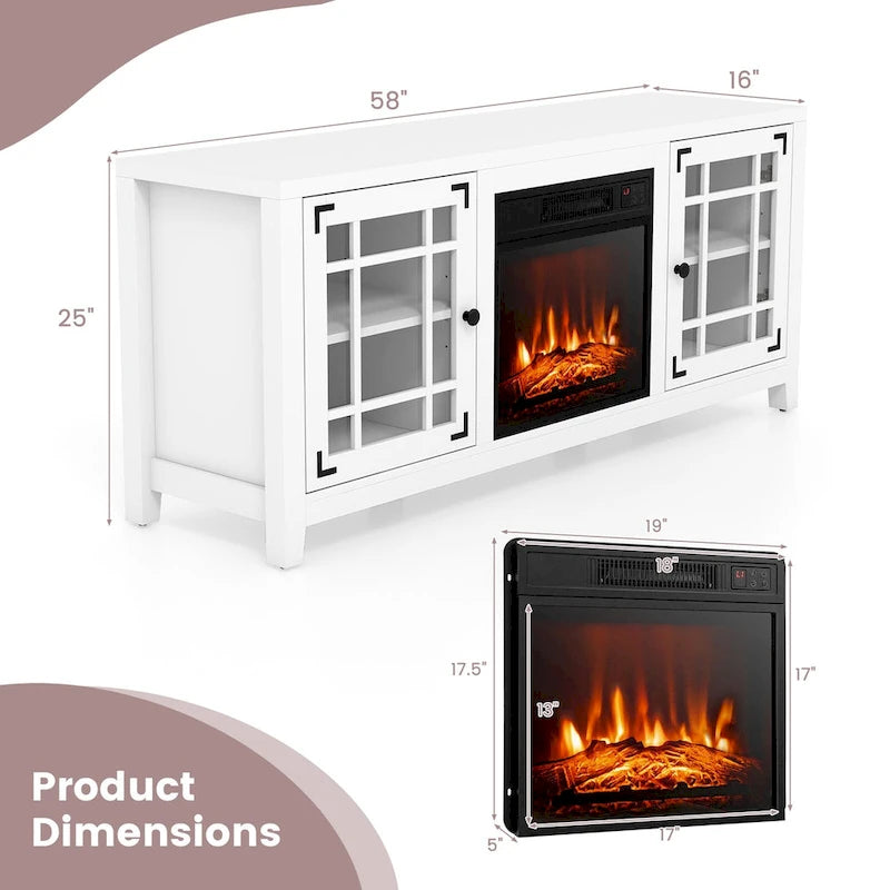 58 Inch Fireplace TV Stand with 3-Position Adjustable Shelves and 2 Cabinets with Doors