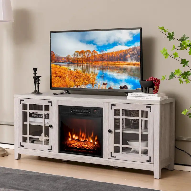 58 Inch Fireplace TV Stand with 3-Position Adjustable Shelves and 2 Cabinets with Doors
