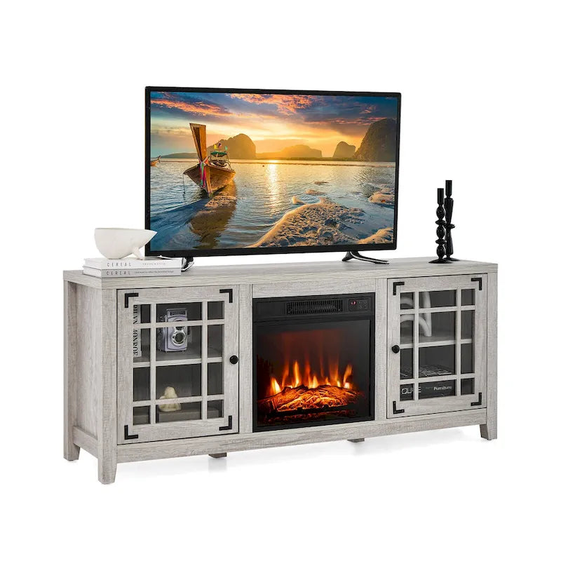 58 Inch Fireplace TV Stand with 3-Position Adjustable Shelves and 2 Cabinets with Doors