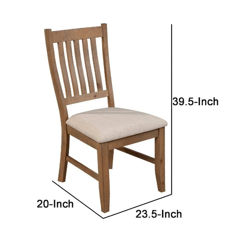 Set of 2 Dining Side Chair, Slatted Back, Beige Cushion, Brown - 20 L x 23.5 W x 39.5 H