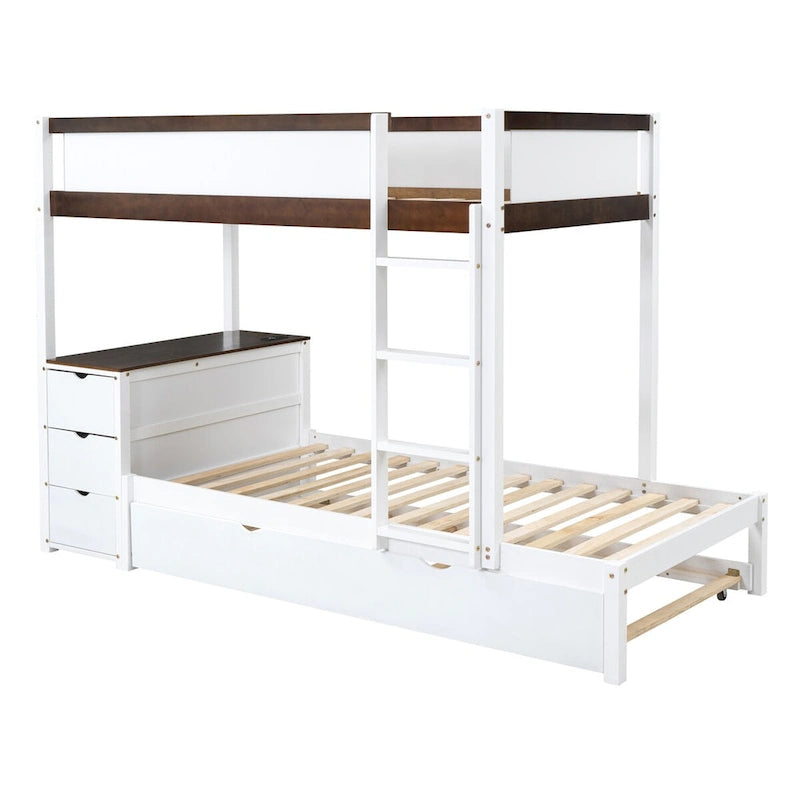 Twin-Over-Twin Bunk Bed with Twin size Trundle, Storage and Desk, Twin Size Bunk Bed