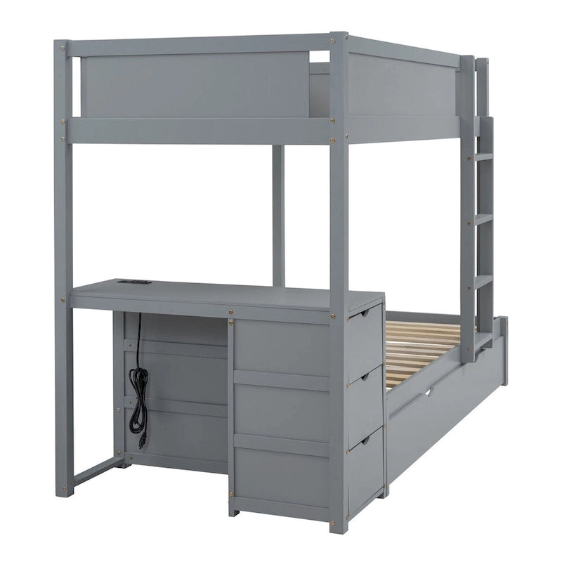 Twin-Over-Twin Bunk Bed with Twin size Trundle, Storage and Desk, Twin Size Bunk Bed