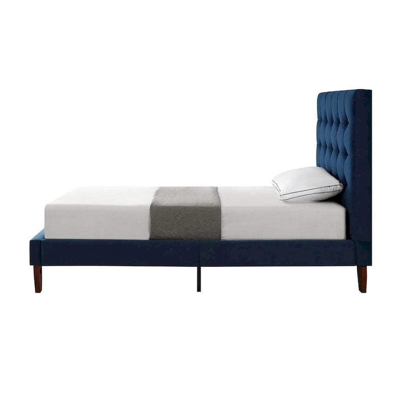 Lit double rembourré en velours capitonné en bois massif bleu marine