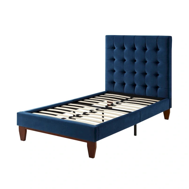 Lit double rembourré en velours capitonné en bois massif bleu marine