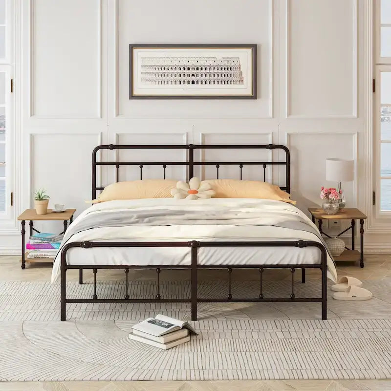 Metal Platform Bed Frame with Wrought Iron-Art Headboard/Footboard