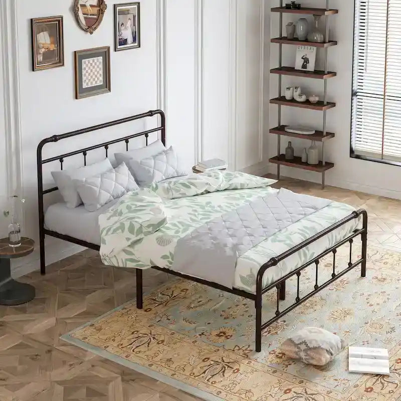 Metal Platform Bed Frame with Wrought Iron-Art Headboard/Footboard