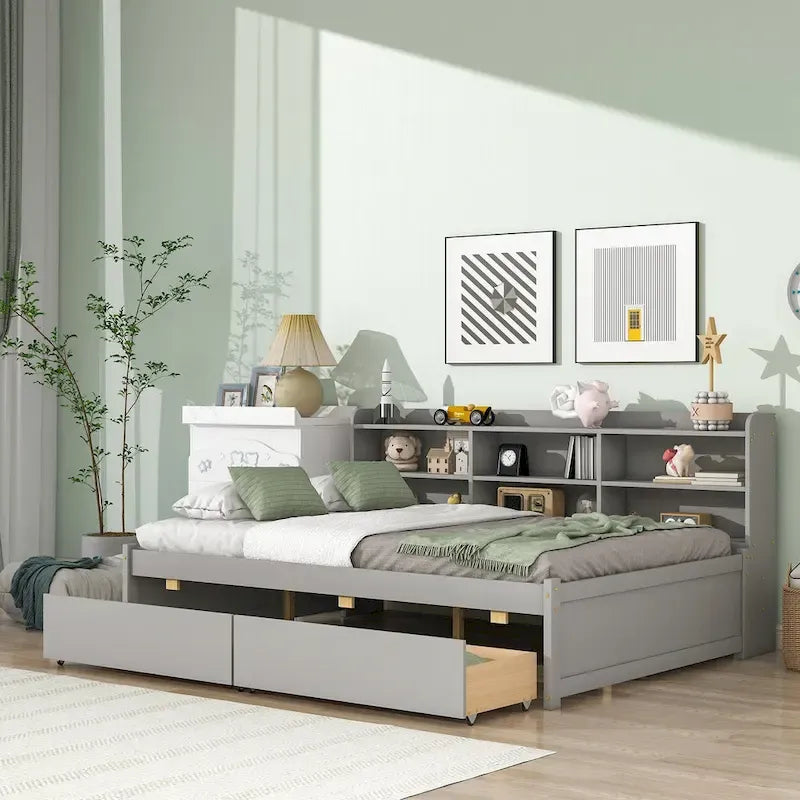 Full Bed with Side Bookcase Drawers