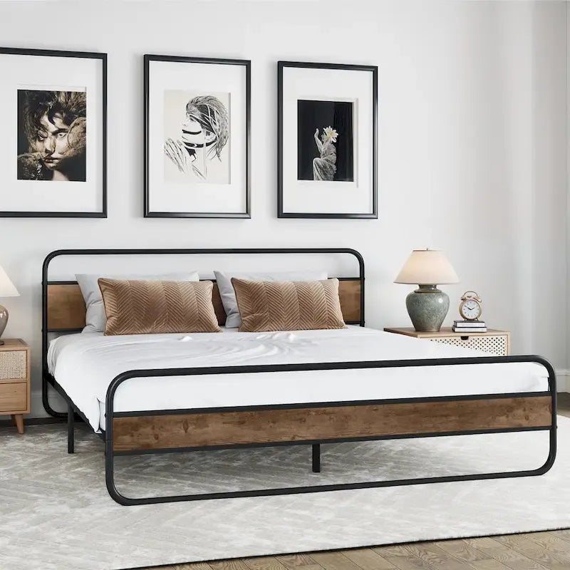 Moasis Metal Platform Bed Frame with Wooden Headboard