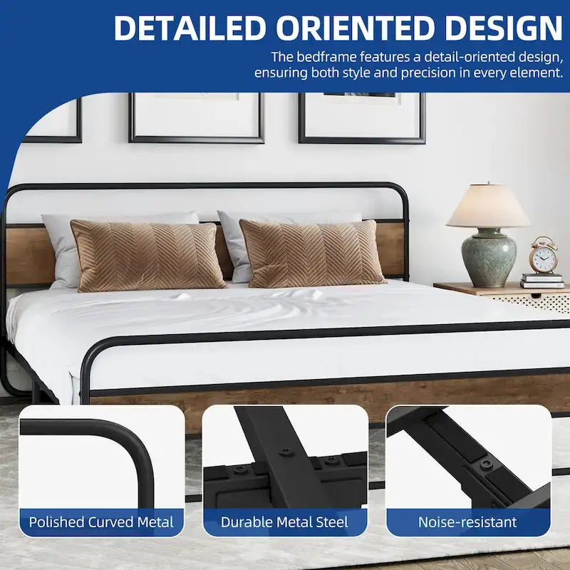 Moasis Metal Platform Bed Frame with Wooden Headboard