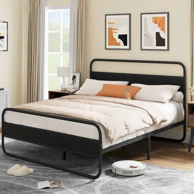 Moasis Metal Platform Bed Frame with Wooden Headboard