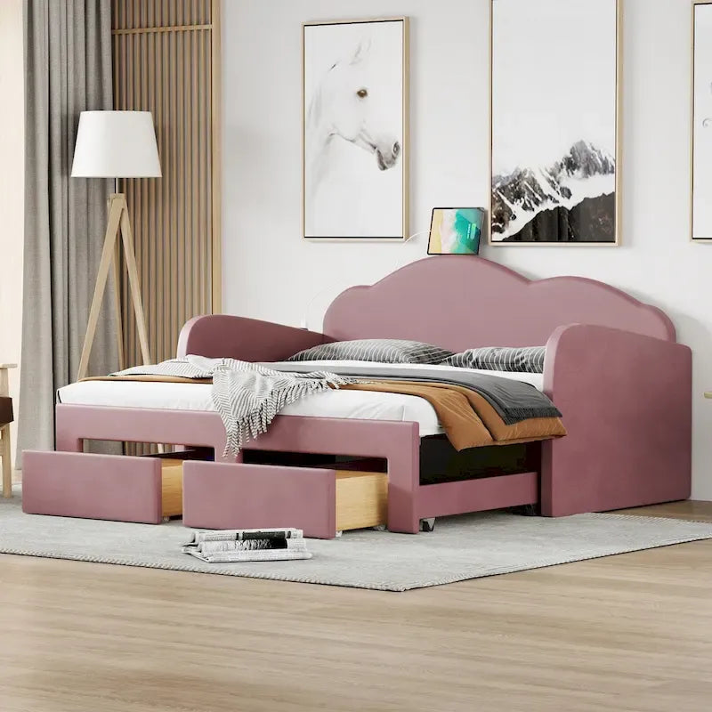 Lit de repos capitonné taille double avec lit gigogne et 2 tiroirs