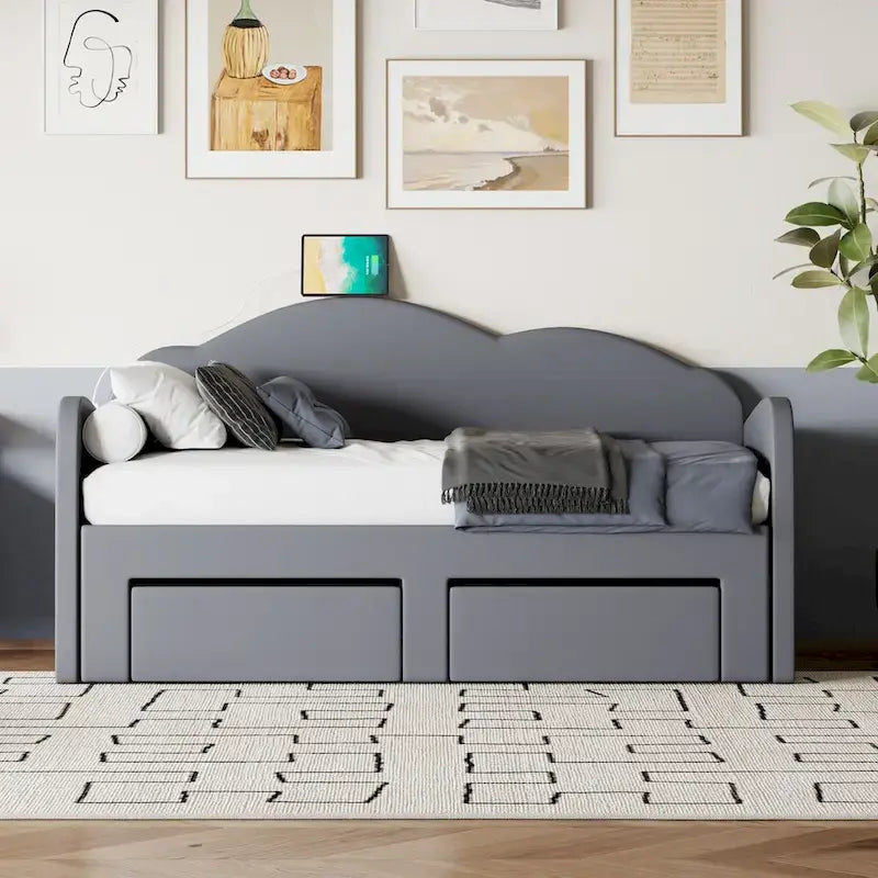 Lit de repos capitonné taille double avec lit gigogne et 2 tiroirs