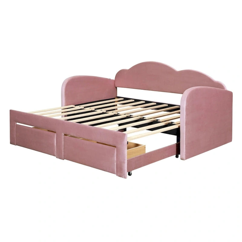 Lit de repos capitonné taille double avec lit gigogne et 2 tiroirs