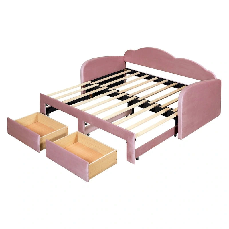 Lit de repos capitonné taille double avec lit gigogne et 2 tiroirs