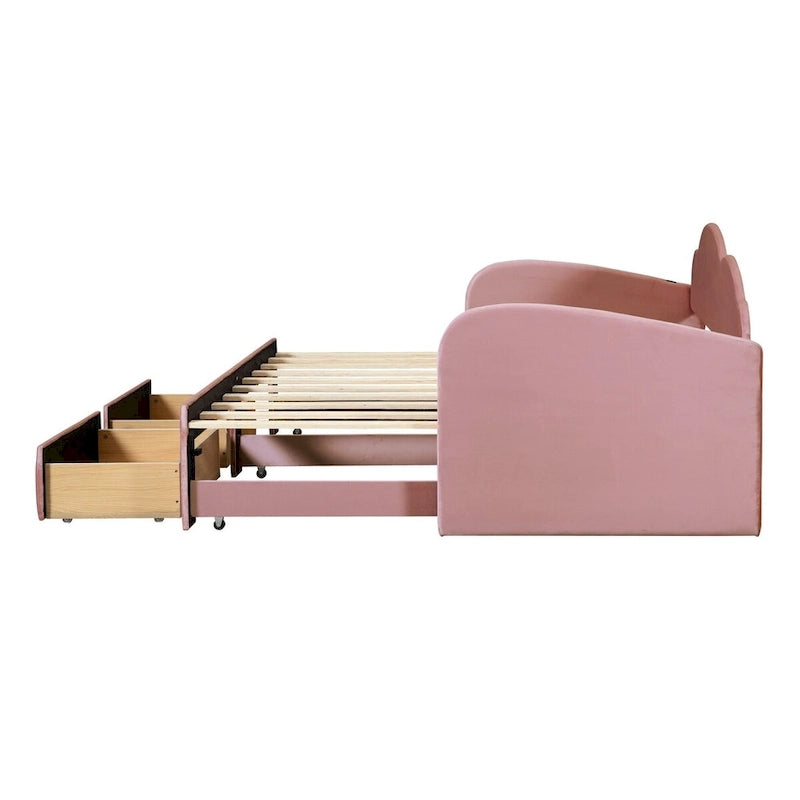 Lit de repos capitonné taille double avec lit gigogne et 2 tiroirs