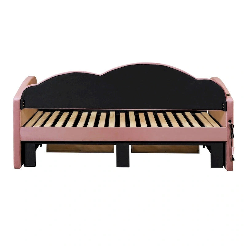 Lit de repos capitonné taille double avec lit gigogne et 2 tiroirs