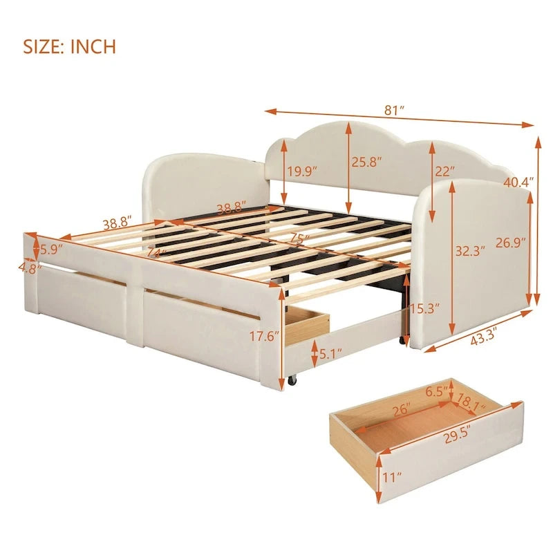 Lit de repos capitonné taille double avec lit gigogne et 2 tiroirs