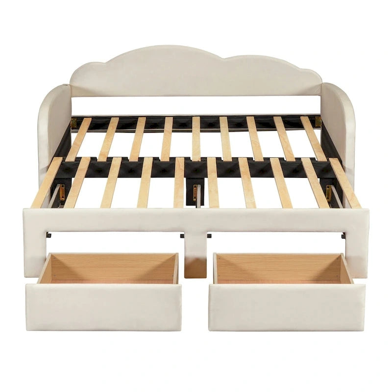 Lit de repos capitonné taille double avec lit gigogne et 2 tiroirs