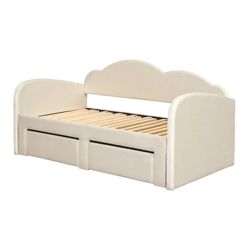 Lit de repos capitonné taille double avec lit gigogne et 2 tiroirs