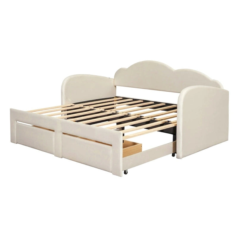 Lit de repos capitonné taille double avec lit gigogne et 2 tiroirs