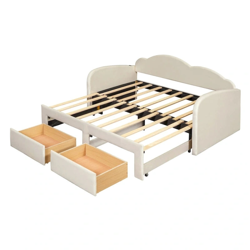 Lit de repos capitonné taille double avec lit gigogne et 2 tiroirs