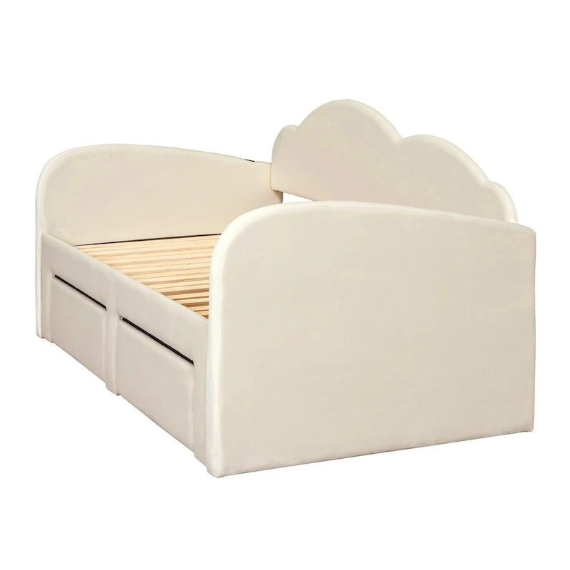 Lit de repos capitonné taille double avec lit gigogne et 2 tiroirs