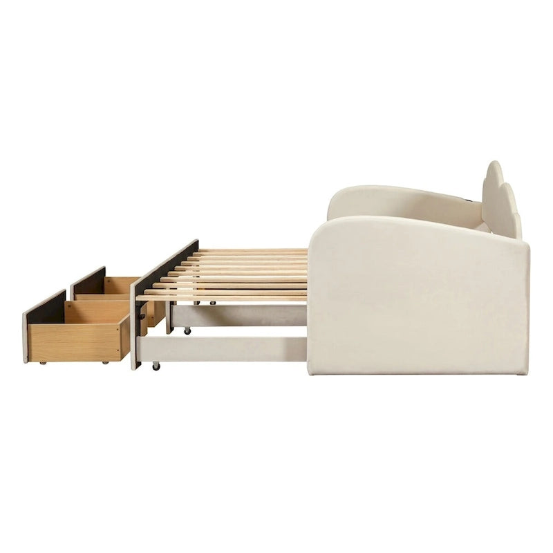 Lit de repos capitonné taille double avec lit gigogne et 2 tiroirs