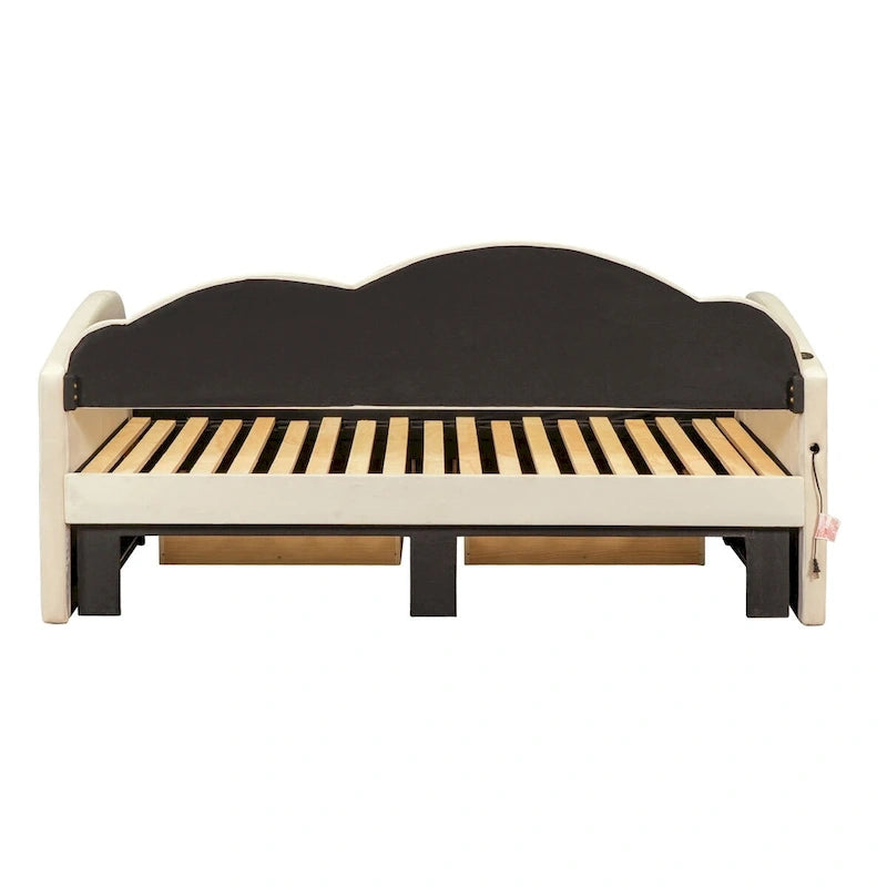 Lit de repos capitonné taille double avec lit gigogne et 2 tiroirs