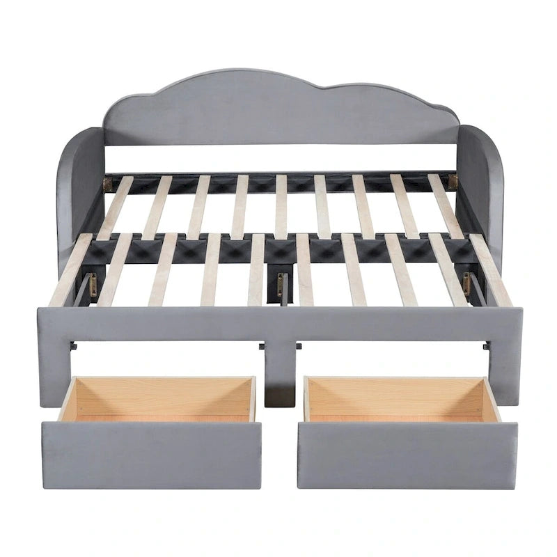 Lit de repos capitonné taille double avec lit gigogne et 2 tiroirs