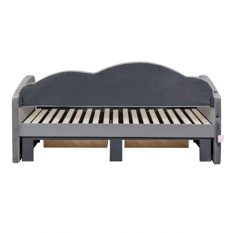 Lit de repos capitonné taille double avec lit gigogne et 2 tiroirs