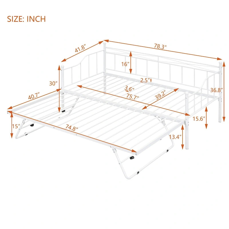 Twin Size Metal Daybed with Twin Size Adjustable Trundle, Portable Folding Trundle