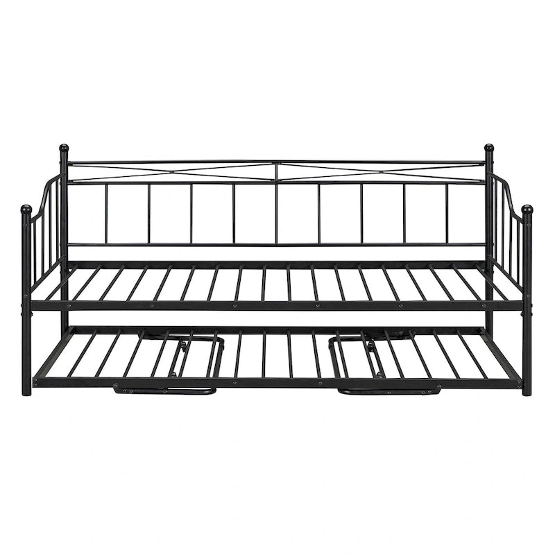 Twin Size Metal Daybed with Twin Size Adjustable Trundle, Portable Folding Trundle