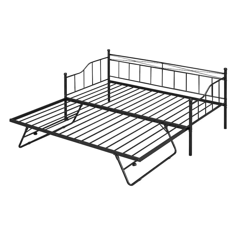 Twin Size Metal Daybed with Twin Size Adjustable Trundle, Portable Folding Trundle