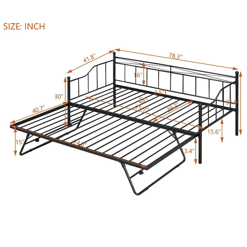 Twin Size Metal Daybed with Twin Size Adjustable Trundle, Portable Folding Trundle