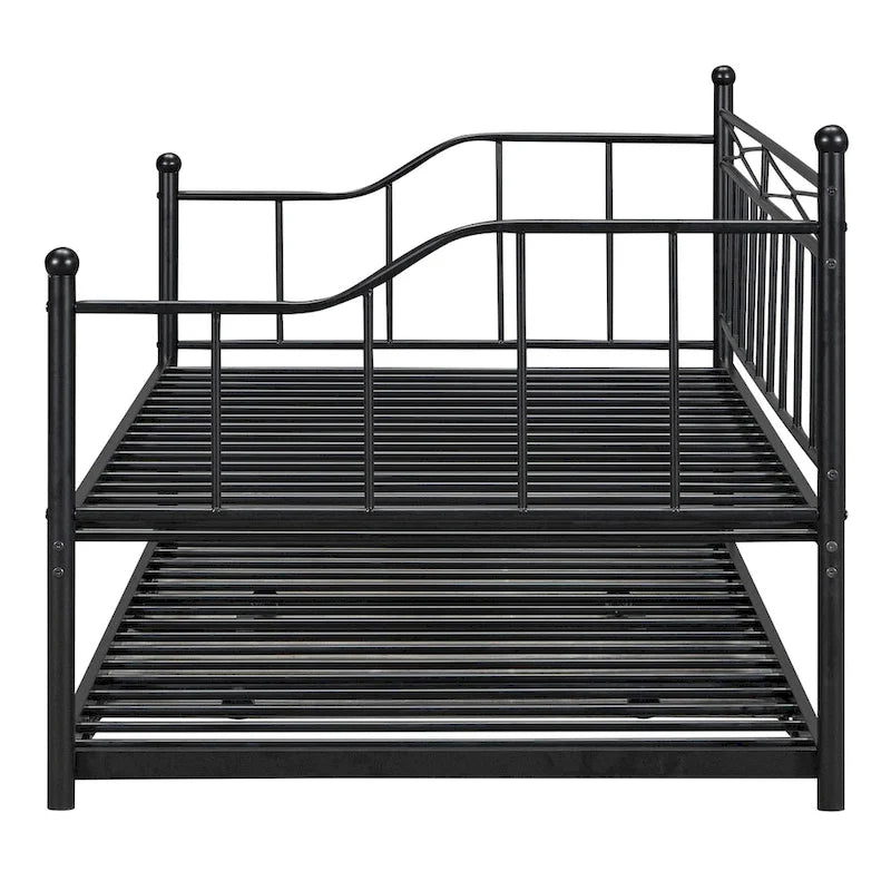 Twin Size Metal Daybed with Twin Size Adjustable Trundle, Portable Folding Trundle