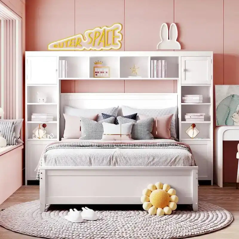 Full Size Wooden Bed With All-in-One Cabinet and Shelf