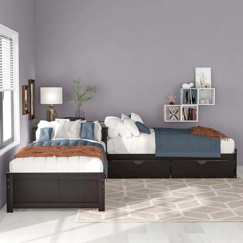 L-shaped Platform Bed with Trundle and Drawers Linked with built-in Desk