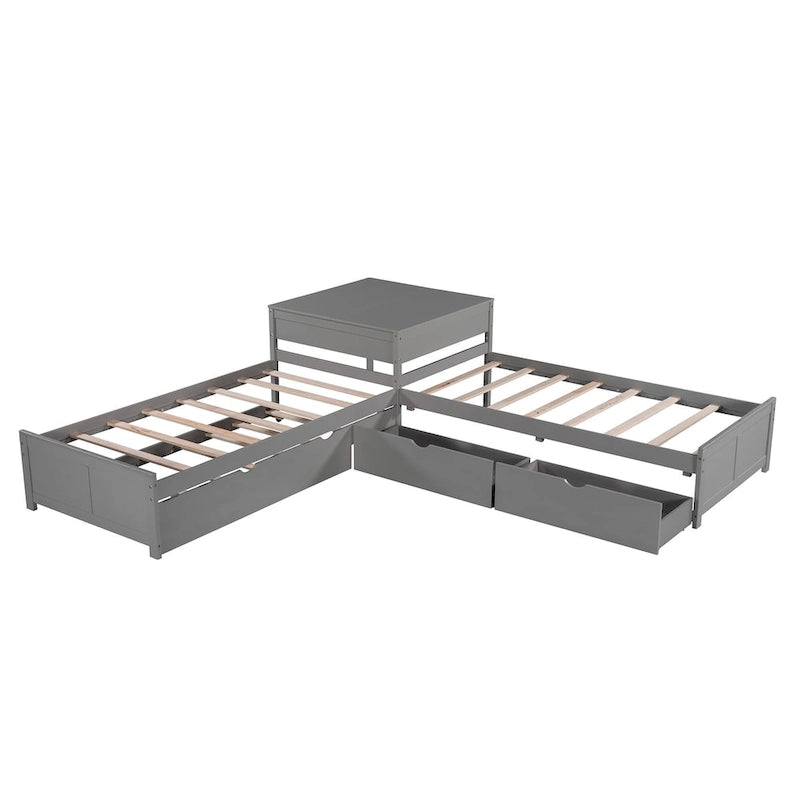 L-shaped Platform Bed with Trundle and Drawers Linked with built-in Desk