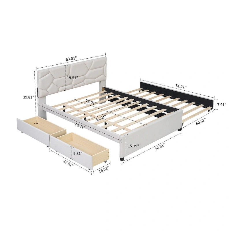 Stylish Linen Fabric Upholstered Platform Bed with Two Drawers and a Trundle Bed