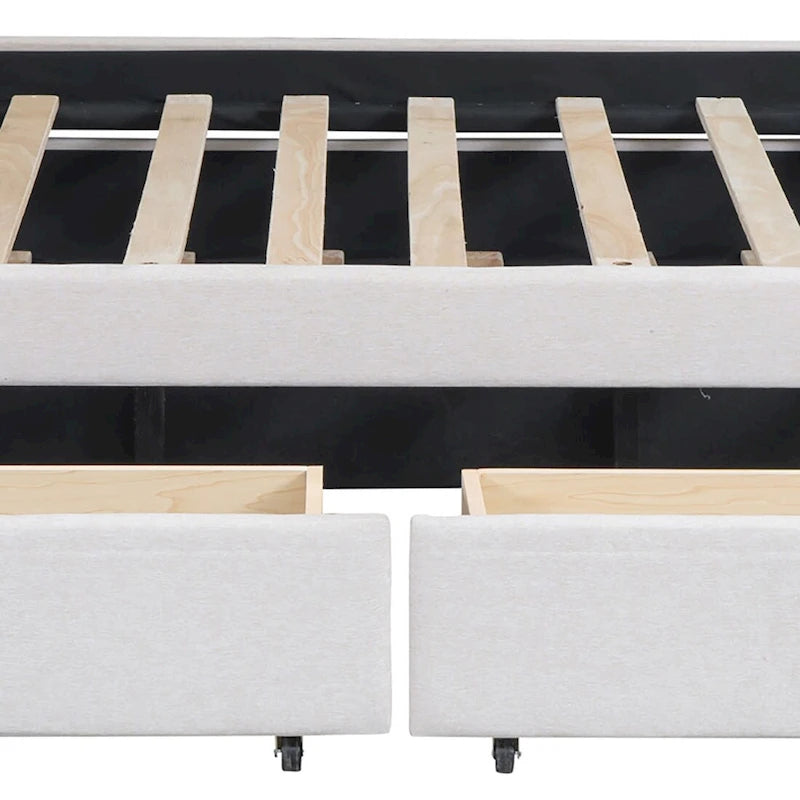 Stylish Linen Fabric Upholstered Platform Bed with Two Drawers and a Trundle Bed