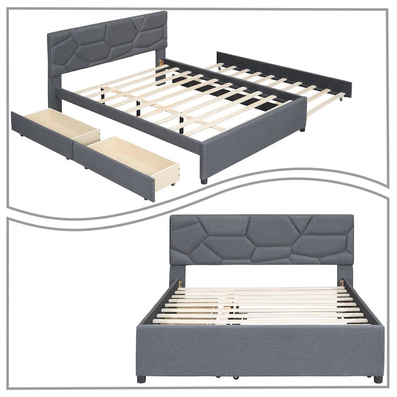 Stylish Linen Fabric Upholstered Platform Bed with Two Drawers and a Trundle Bed