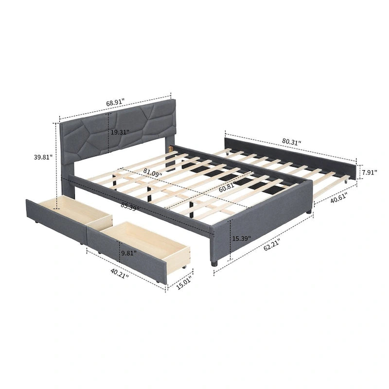 Stylish Linen Fabric Upholstered Platform Bed with Two Drawers and a Trundle Bed