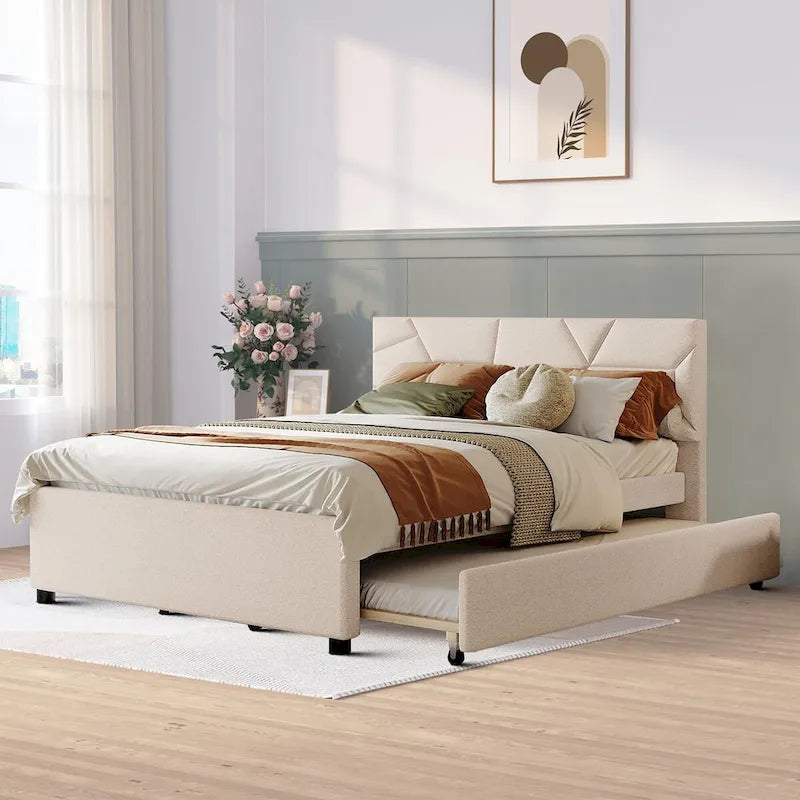 Modern Stylish Linen Fabric Upholstered Platform Bed with Trundle Bed