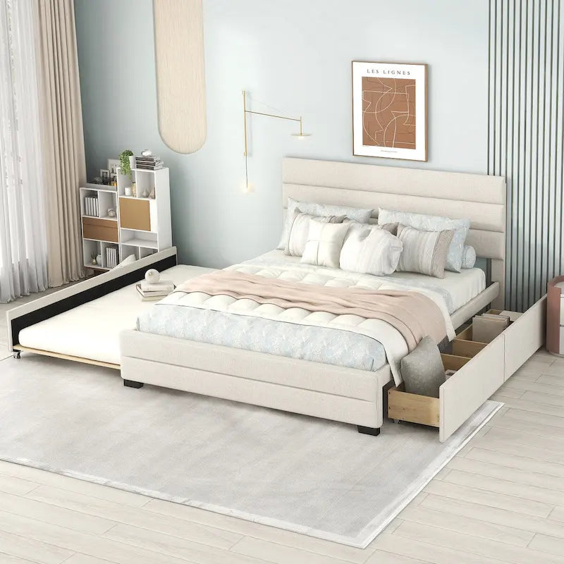 Beige Queen Upholstered Platform Bed, Trundle, Storage Drawers, Modern Design, Sturdy Frame