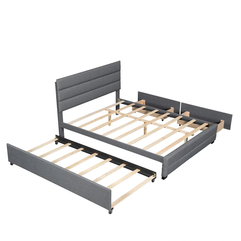 Beige Queen Upholstered Platform Bed, Trundle, Storage Drawers, Modern Design, Sturdy Frame